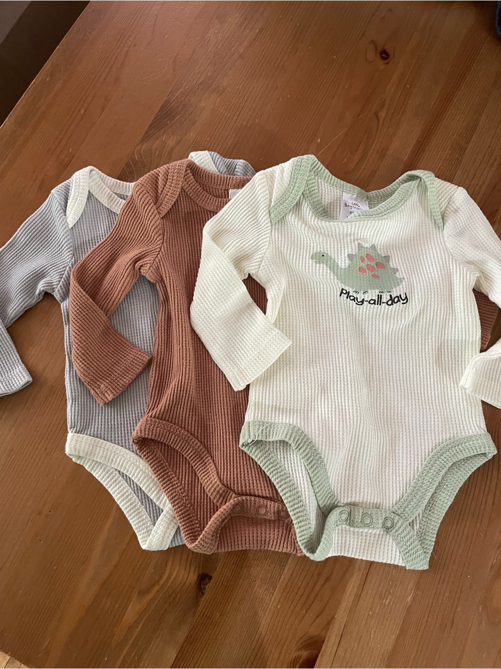 0-3 months Long-Sleeve One-Piece Bodysuit - Cream, Brown & Gray Set